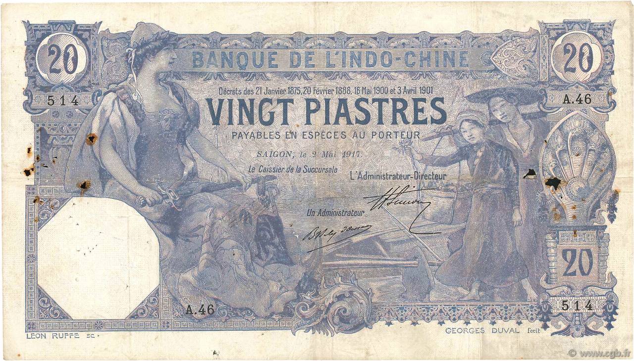 20 Piastres FRANZÖSISCHE-INDOCHINA Saïgon 1917 P.038b S