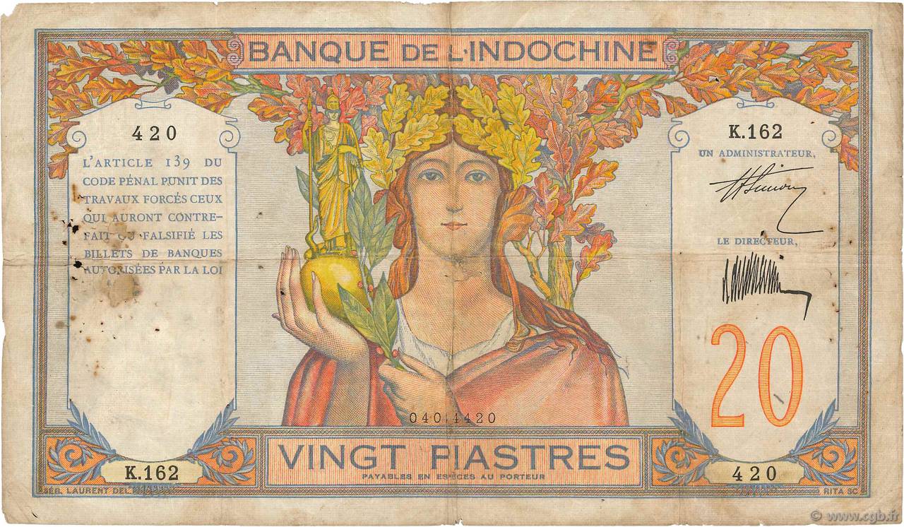 20 Piastres INDOCINA FRANCESE  1928 P.050 q.MB