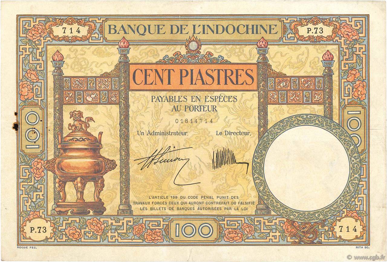 100 Piastres FRENCH INDOCHINA  1927 P.051b VF