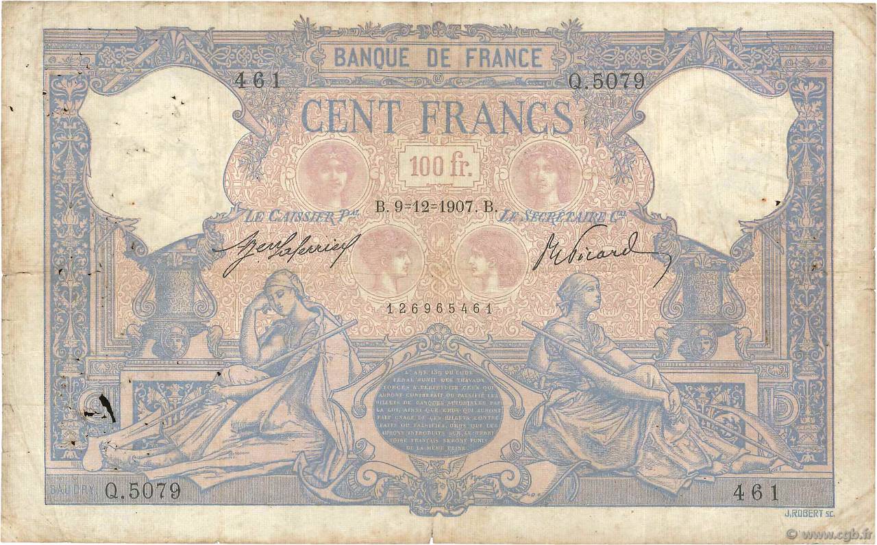 100 Francs BLEU ET ROSE FRANCIA  1907 F.21.22 RC+