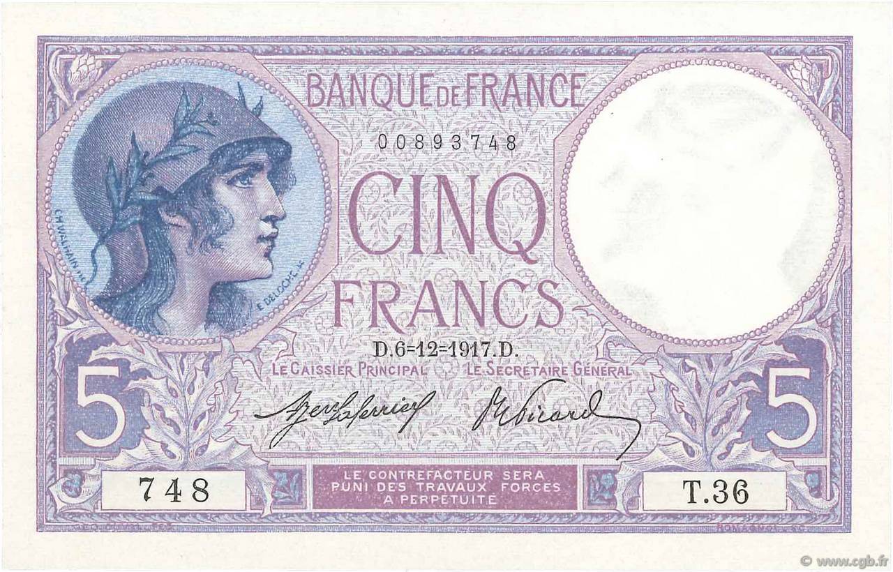 5 Francs FEMME CASQUÉE FRANKREICH  1917 F.03.01 fST+