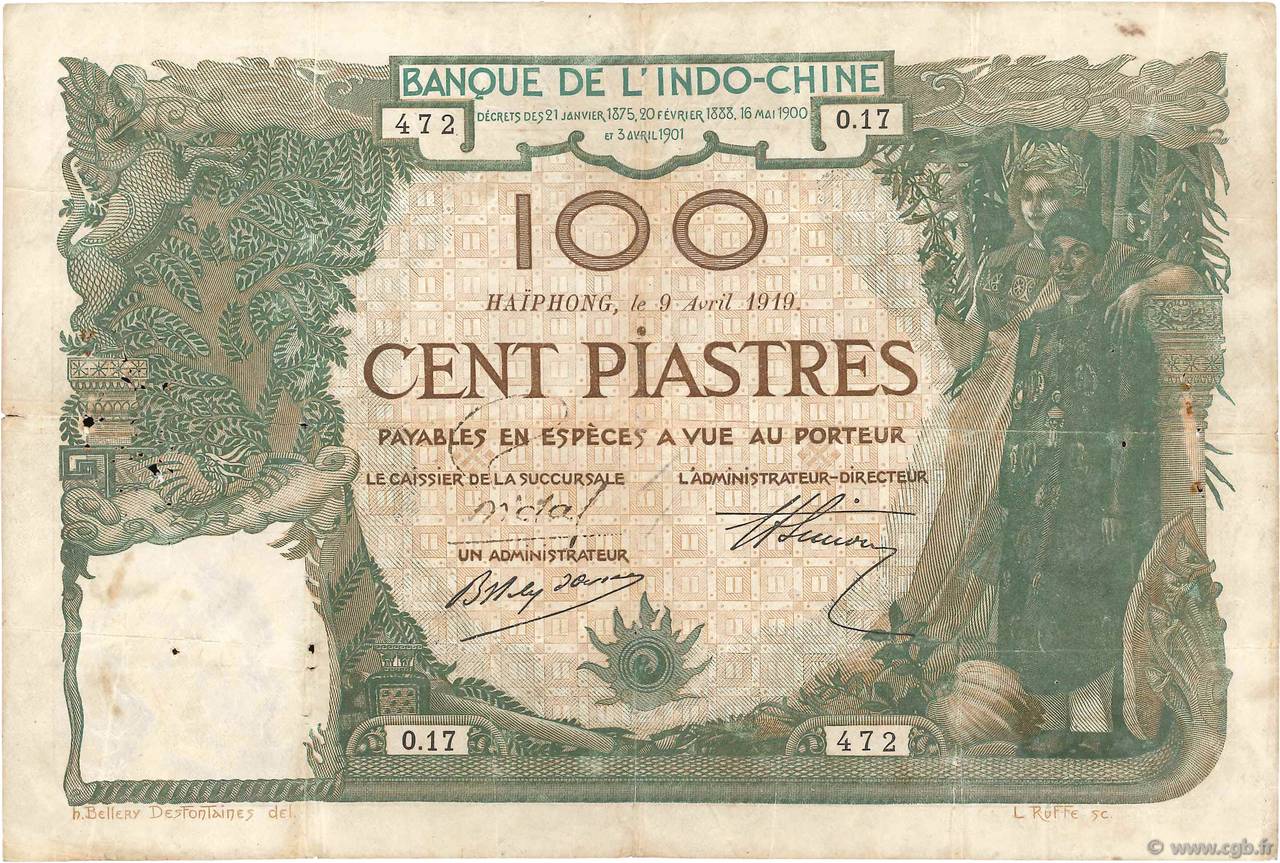 100 Piastres FRENCH INDOCHINA Haïphong 1919 P.018 F