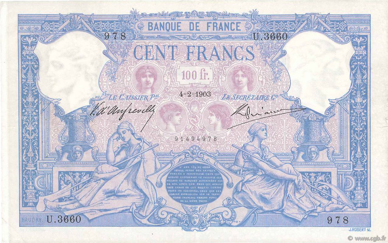 100 Francs BLEU ET ROSE FRANCE  1903 F.21.17 TTB+