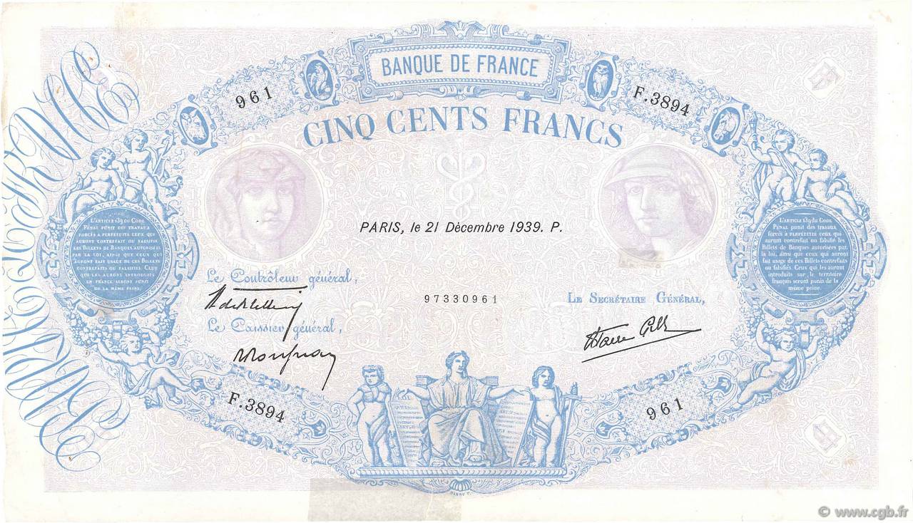 500 Francs BLEU ET ROSE modifié FRANCIA  1939 F.31.53 MBC