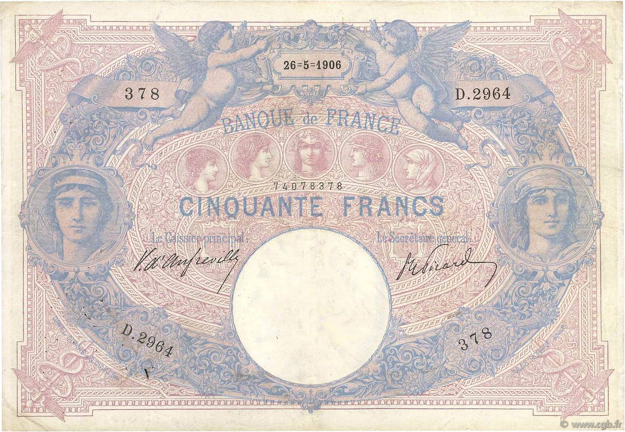 50 Francs BLEU ET ROSE FRANCE  1906 F.14.18 F+