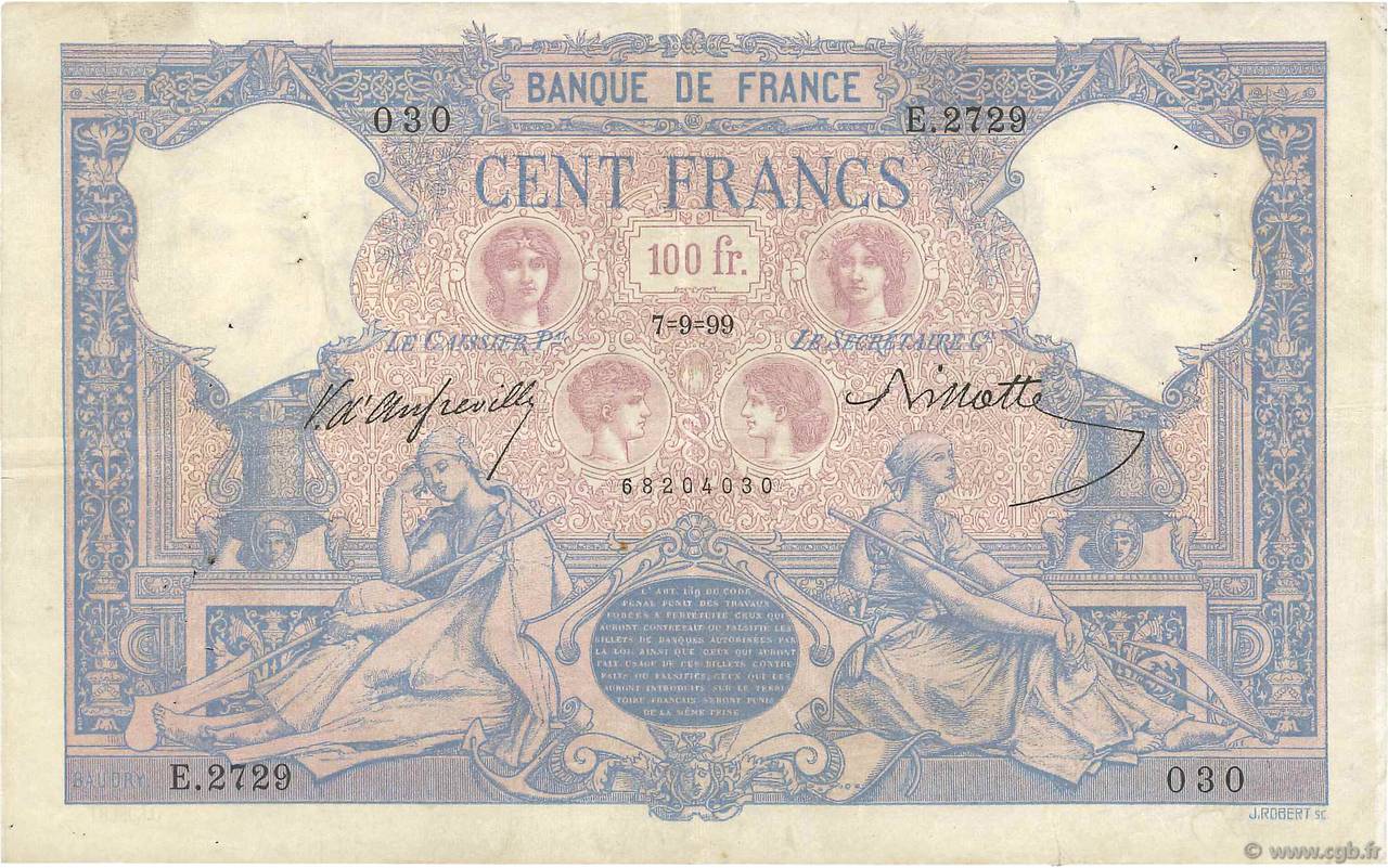 100 Francs BLEU ET ROSE FRANCE  1899 F.21.12 VF-