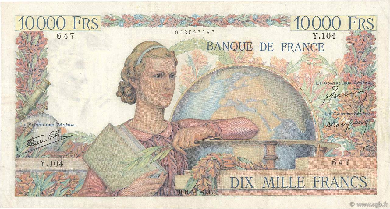 10000 Francs GÉNIE FRANÇAIS FRANKREICH  1946 F.50.05 SS