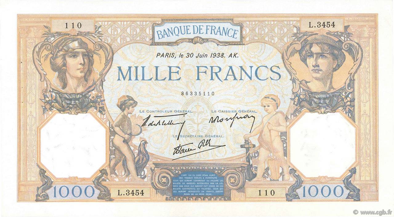 1000 Francs CÉRÈS ET MERCURE type modifié FRANCE  1938 F.38.21 SUP+