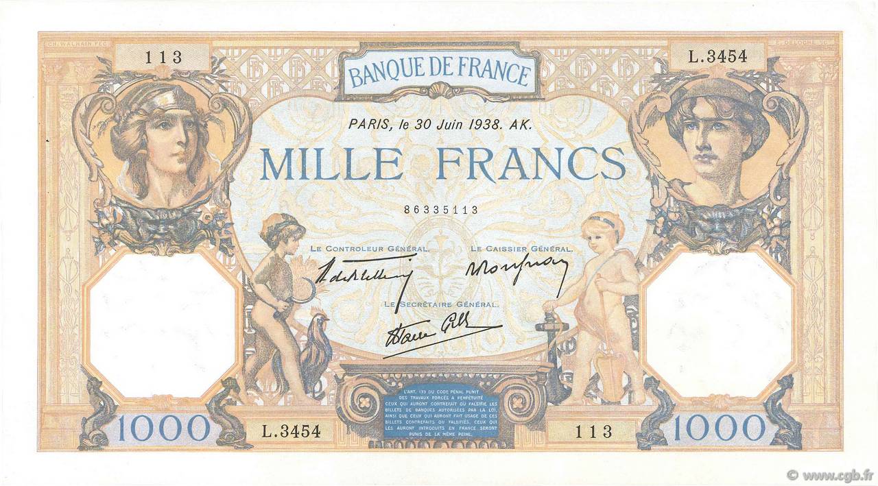 1000 Francs CÉRÈS ET MERCURE type modifié FRANCIA  1938 F.38.21 EBC+