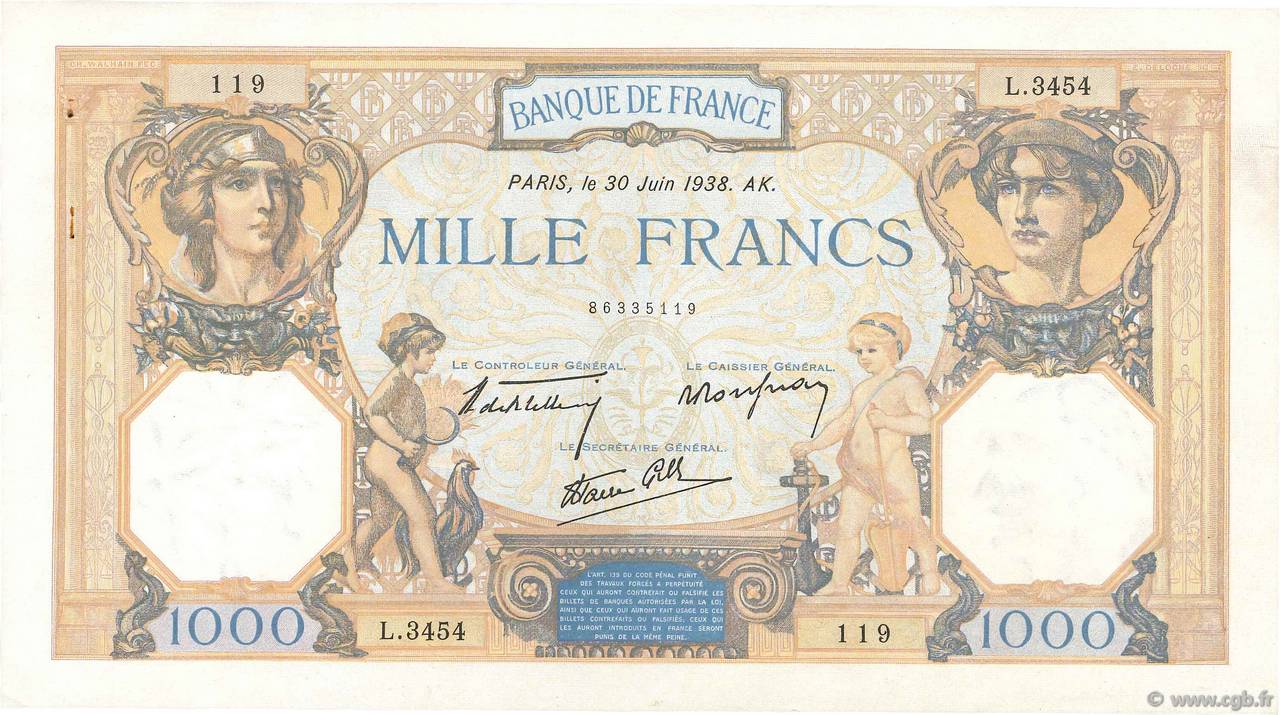1000 Francs CÉRÈS ET MERCURE type modifié FRANKREICH  1938 F.38.21 VZ+