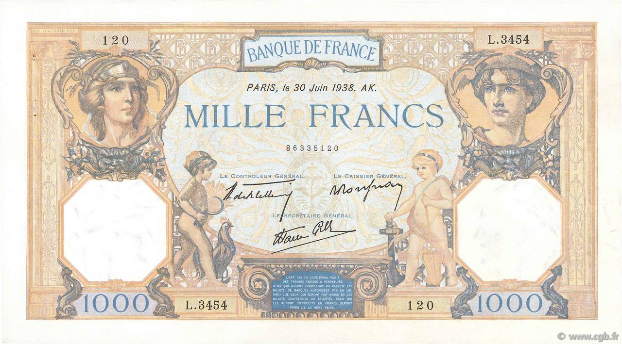 1000 Francs CÉRÈS ET MERCURE type modifié FRANCE  1938 F.38.21 XF+