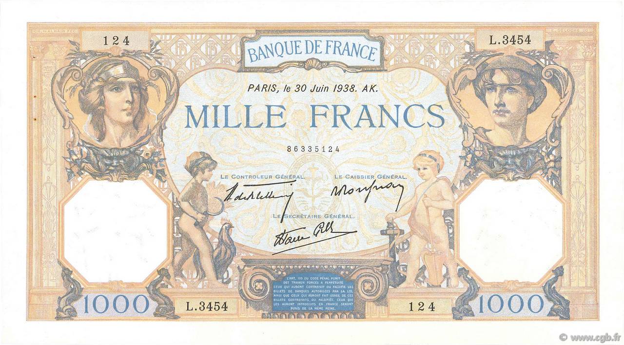 1000 Francs CÉRÈS ET MERCURE type modifié FRANCE  1938 F.38.21 SUP+