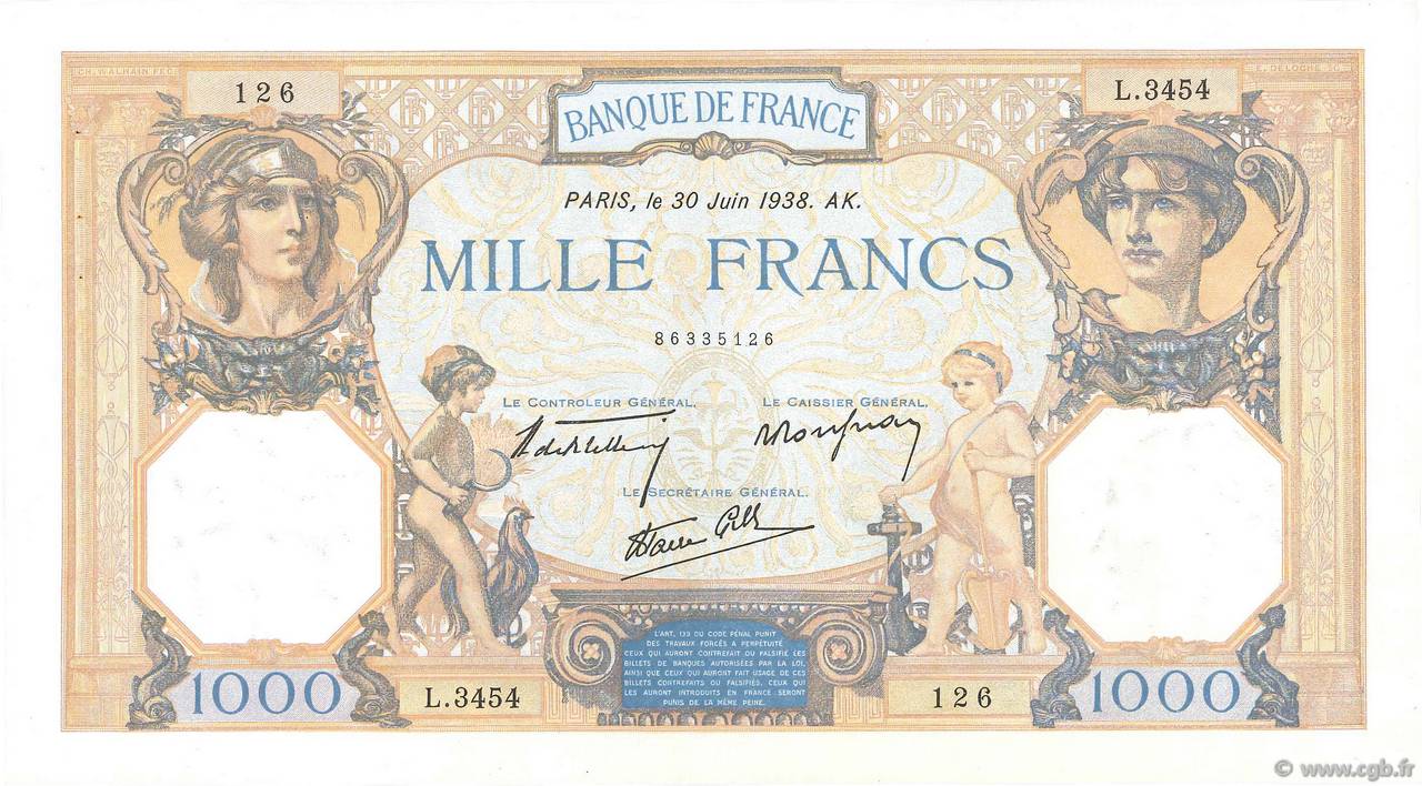 1000 Francs CÉRÈS ET MERCURE type modifié FRANCIA  1938 F.38.21 EBC+