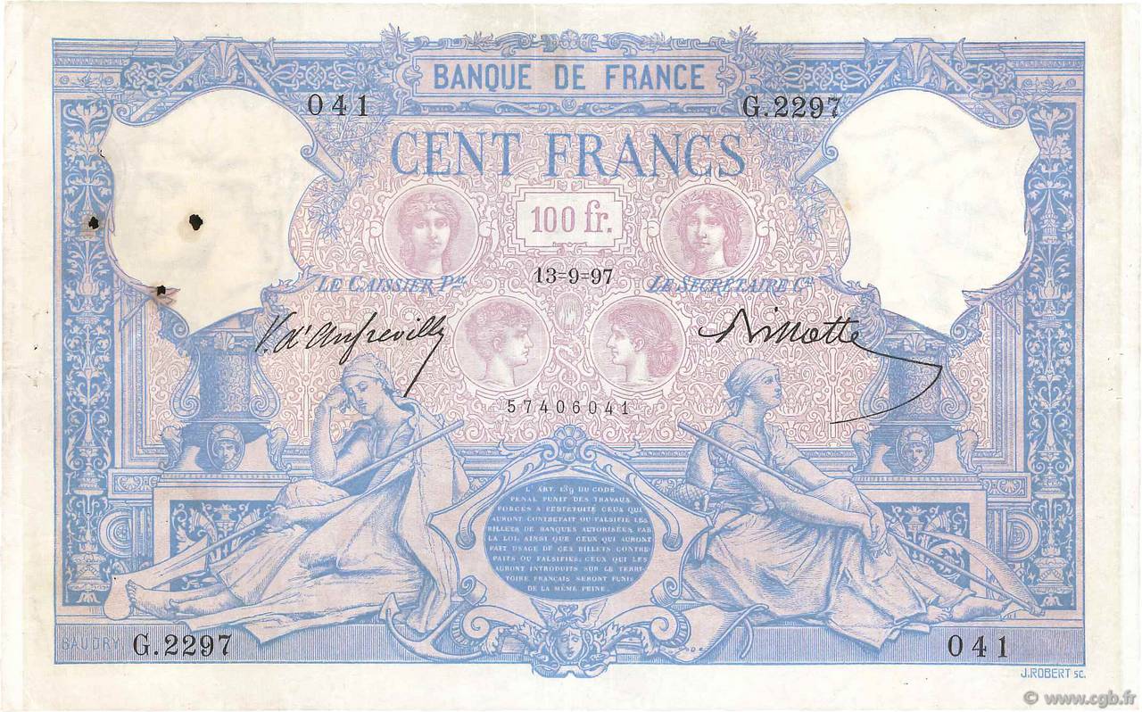 100 Francs BLEU ET ROSE FRANCE  1897 F.21.10 TTB