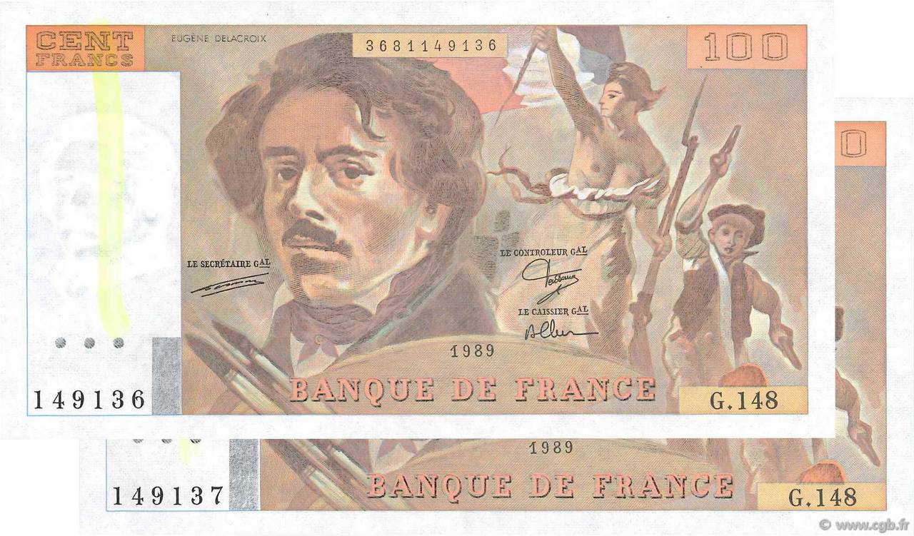 100 Francs DELACROIX modifié Fauté FRANCIA  1989 F.69.13c q.FDC