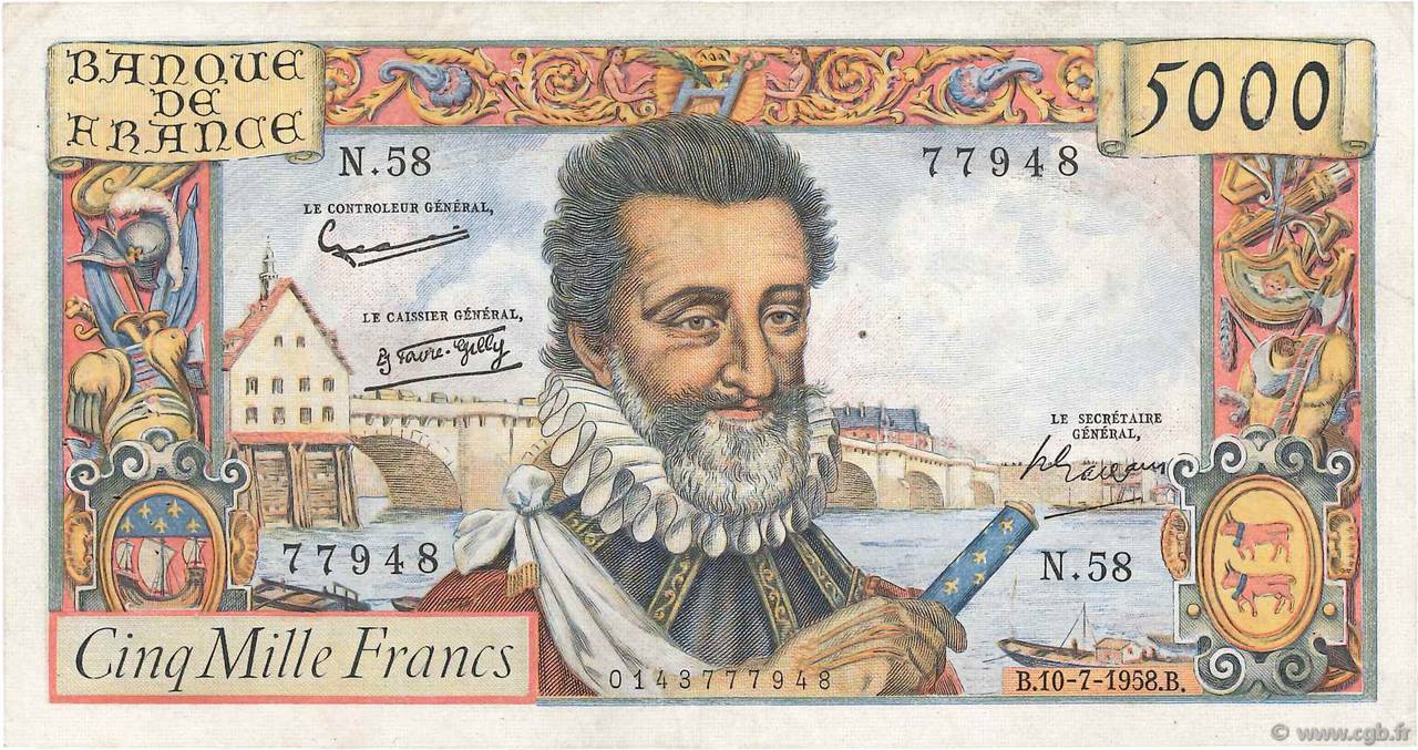 5000 Francs HENRI IV FRANKREICH  1958 F.49.07 SS