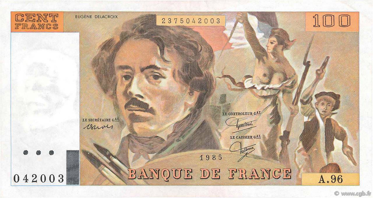 100 Francs DELACROIX  UNIFACE FRANCE  1985 F.69U.09 XF