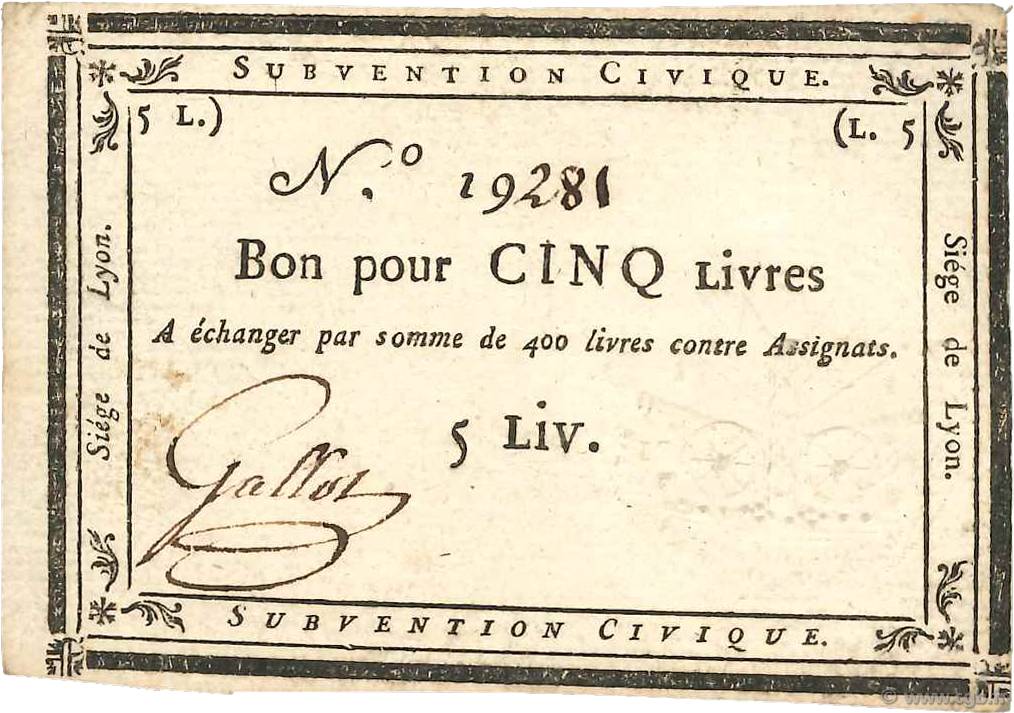 5 Livres FRANCE Regionalismus und verschiedenen Lyon 1793 Kol.134 fST
