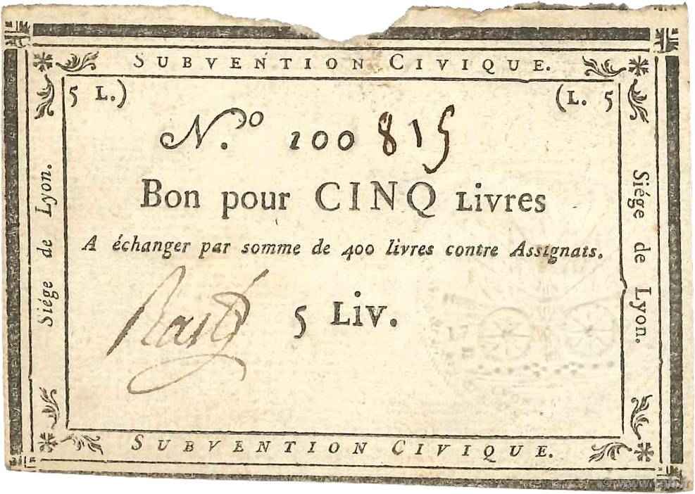 5 Livres  FRANCE régionalisme et divers Lyon 1793 Kol.134 TTB