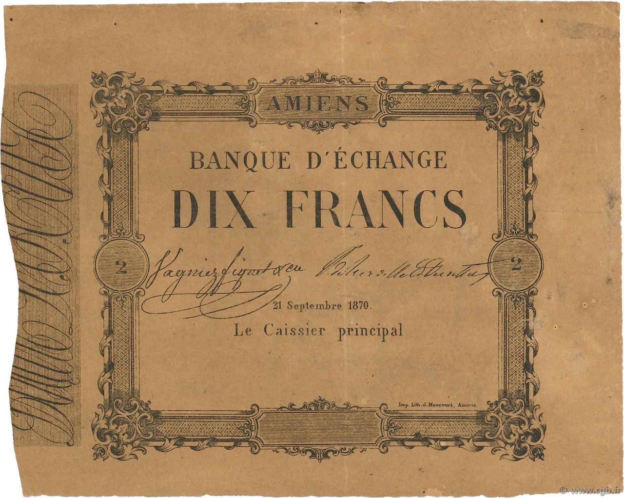10 Francs FRANCE regionalismo y varios Amiens 1870 JER.80.03B MBC