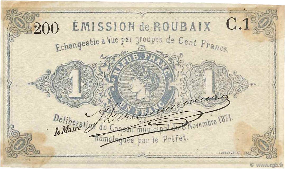 1 Franc FRANCE regionalism and miscellaneous Roubaix 1871 JER.59.55B XF+