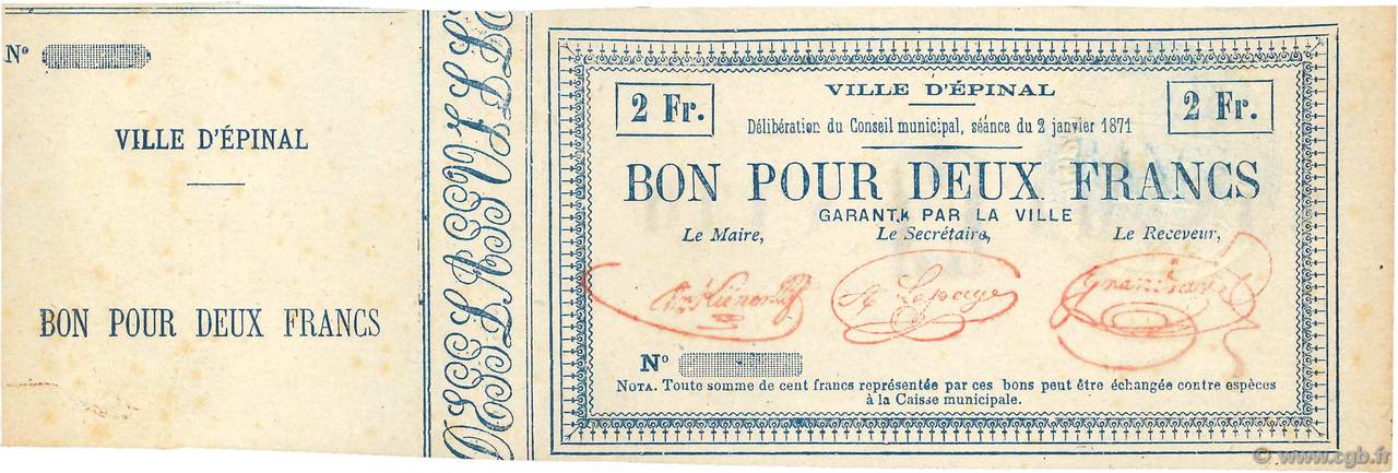 2 Francs FRANCE regionalismo y varios Épinal 1871 JER.88.02B MBC+