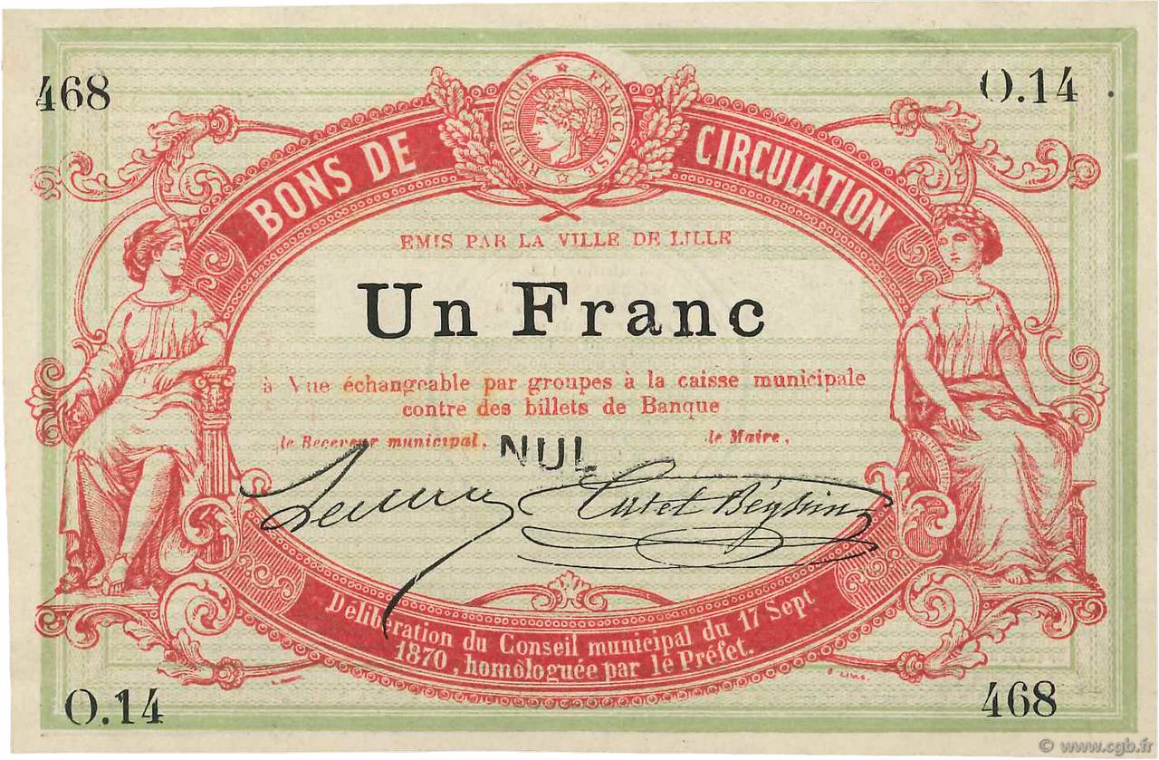 1 Franc Non émis FRANCE regionalismo e varie Lille 1870 JER.59.40D SPL+