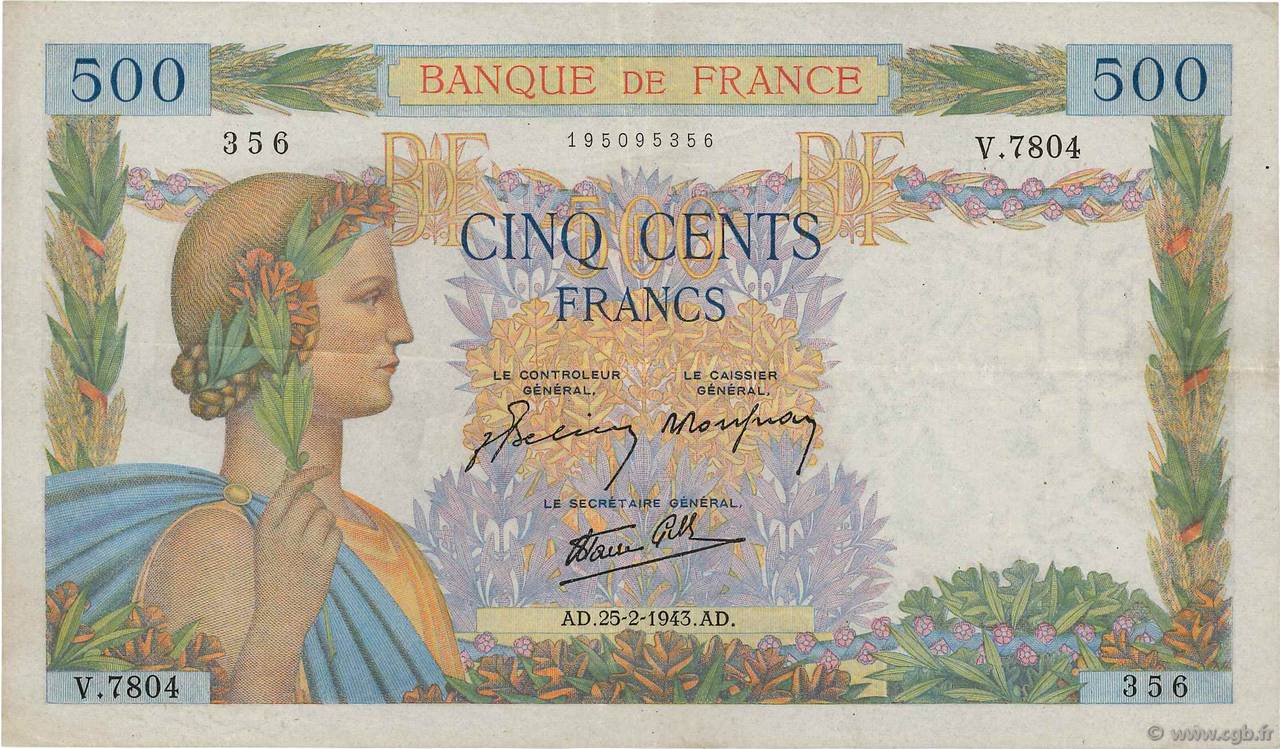 500 Francs LA PAIX FRANCE  1943 F.32.45 pr.SUP
