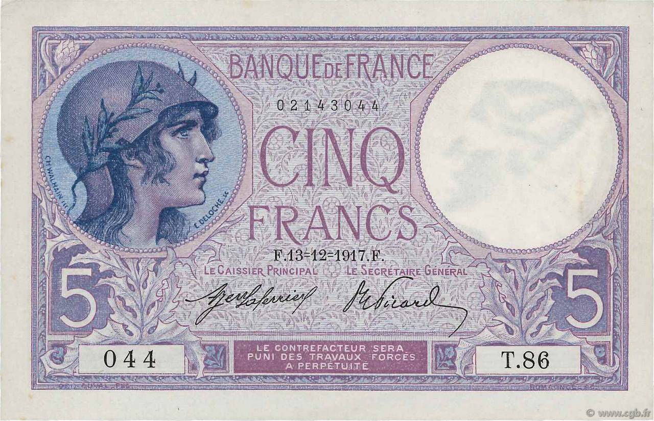 5 Francs FEMME CASQUÉE FRANKREICH  1917 F.03.01 VZ+