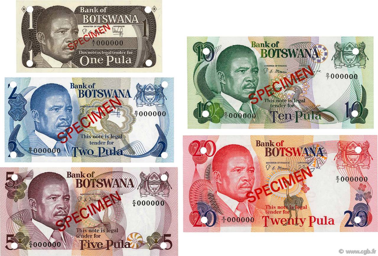Lot de 5 billets Spécimen BOTSWANA (REPUBLIC OF)  1982 P.LOT UNC