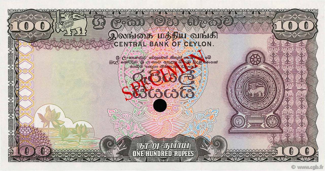 100 Rupees Spécimen CEYLON  1977 P.082s UNC