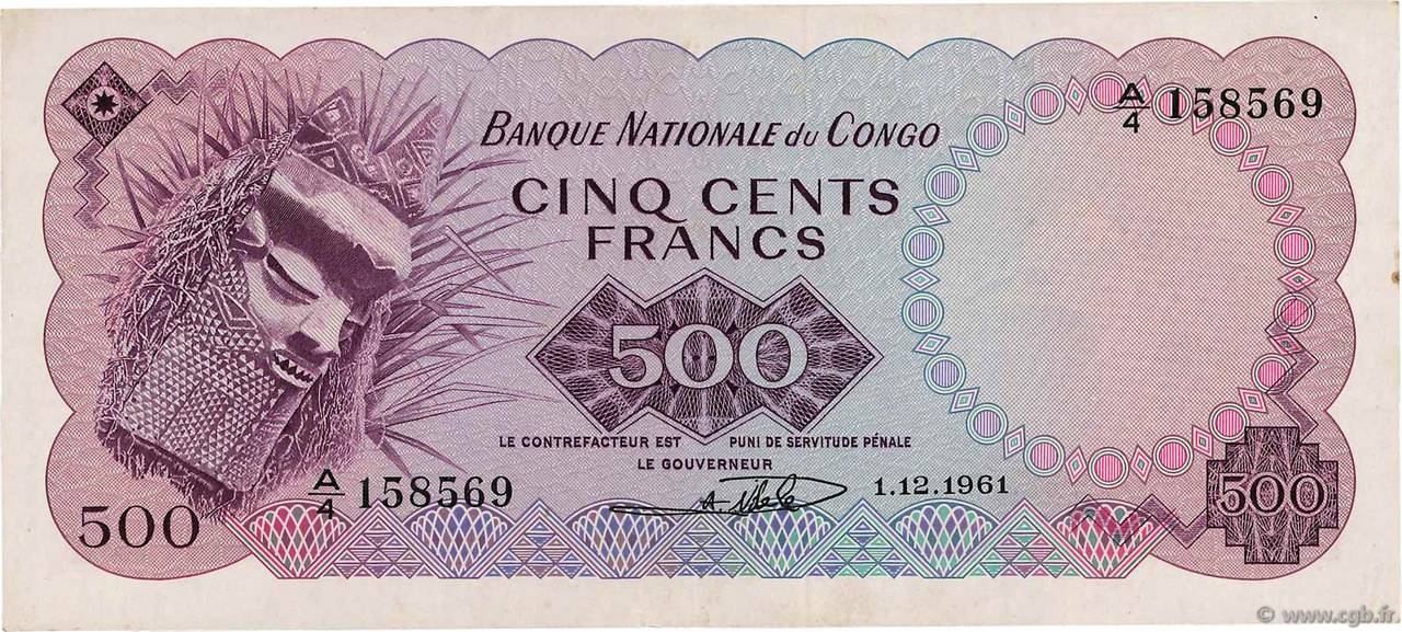 500 Francs CONGO, DEMOCRATIQUE REPUBLIC  1961 P.007a VF+