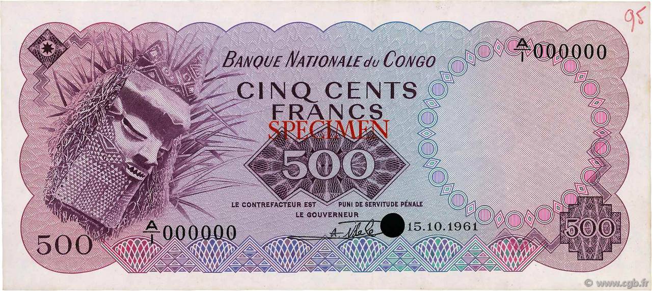 500 Francs Spécimen REPUBBLICA DEMOCRATICA DEL CONGO  1961 P.007s AU
