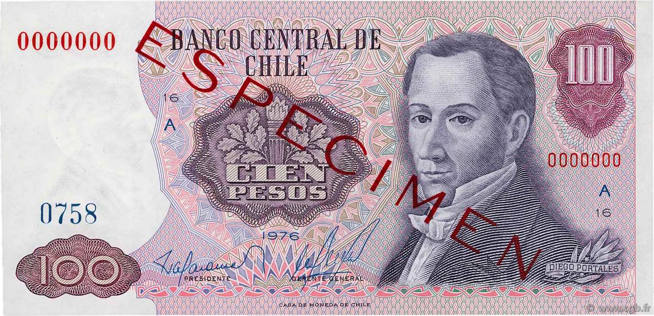100 Pesos Spécimen CILE  1976 P.152s q.FDC