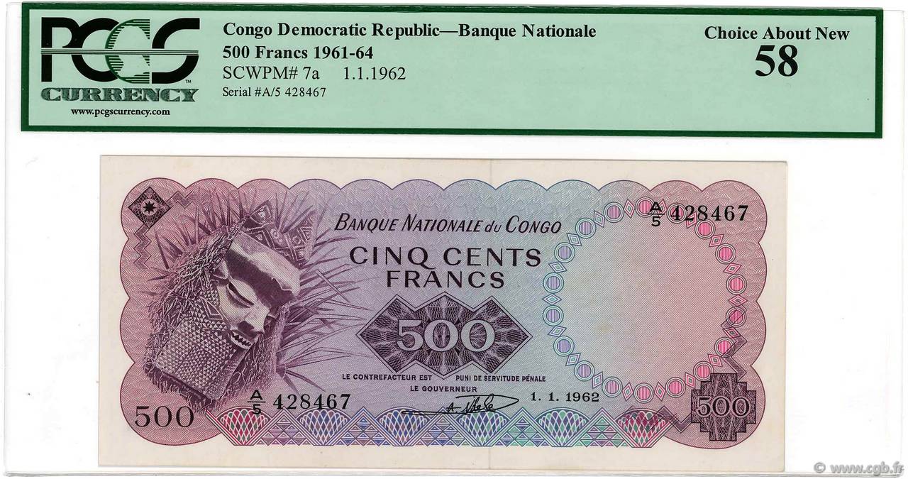500 Francs REPúBLICA DEMOCRáTICA DEL CONGO  1962 P.007a EBC+