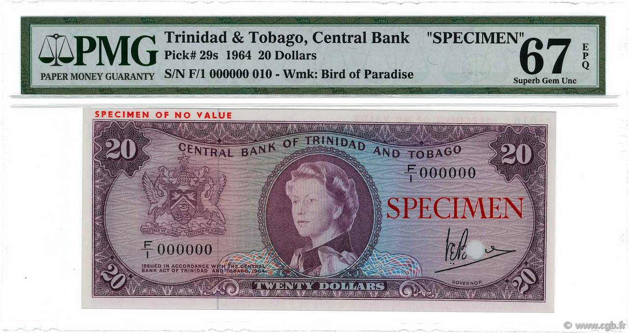20 Dollars Spécimen TRINIDAD E TOBAGO  1964 P.29s FDC