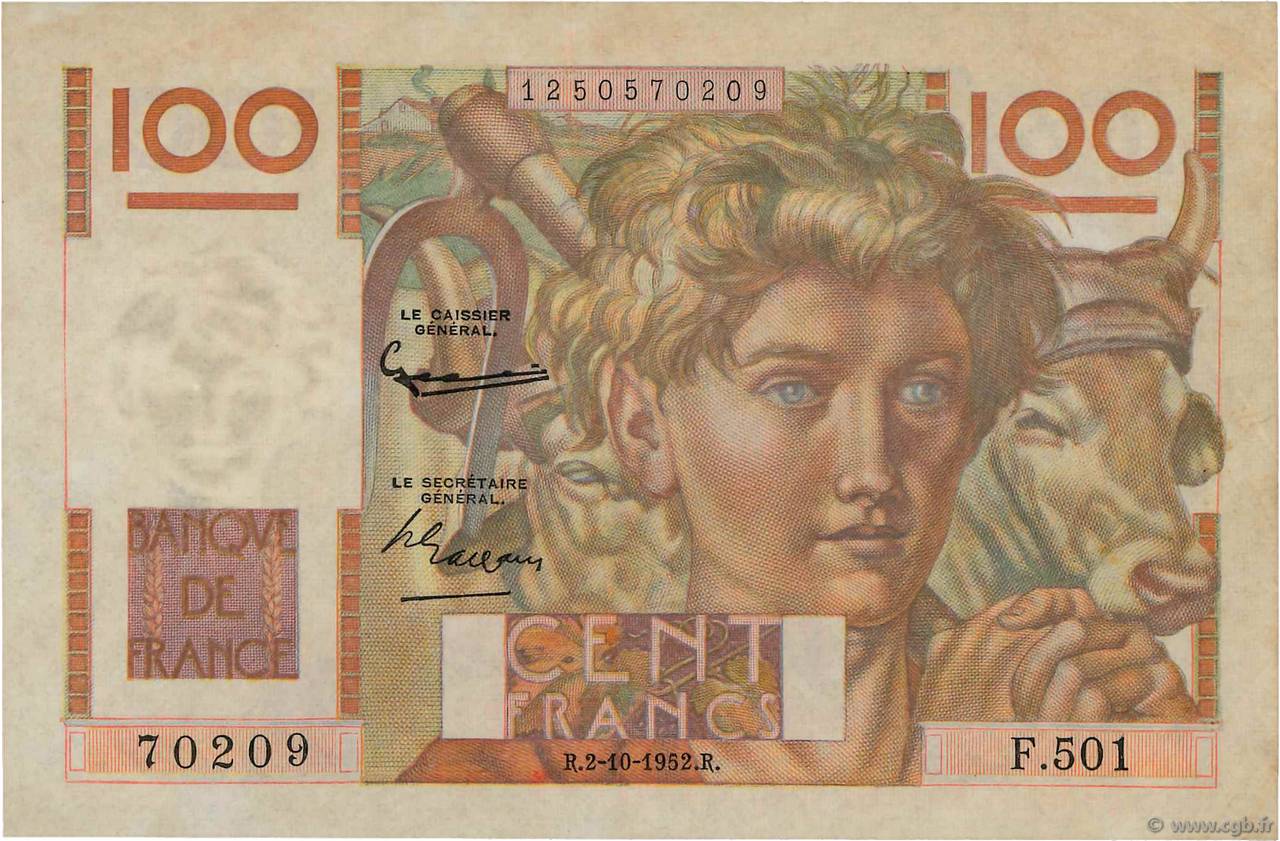 100 Francs JEUNE PAYSAN filigrane inversé FRANCE  1952 F.28bis.01 XF-