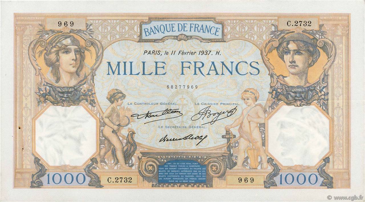 1000 Francs CÉRÈS ET MERCURE FRANCE  1937 F.37.10 XF