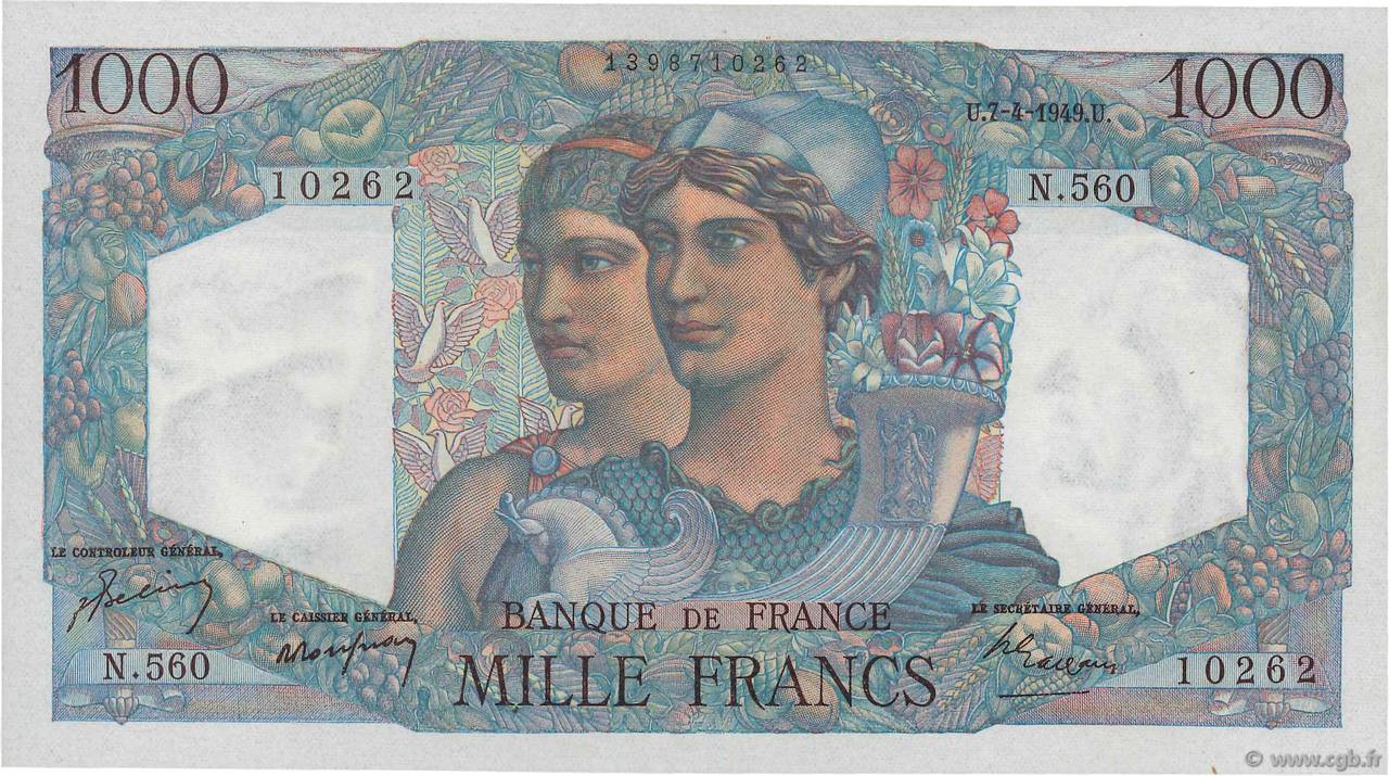 1000 Francs MINERVE ET HERCULE FRANCIA  1949 F.41.26 q.FDC