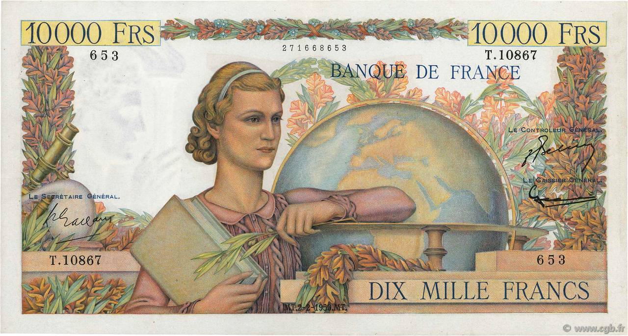 10000 Francs GÉNIE FRANÇAIS FRANCIA  1956 F.50.79 MBC+