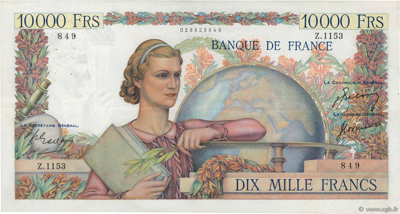 10000 Francs GÉNIE FRANÇAIS FRANCIA  1951 F.50.47 MBC+