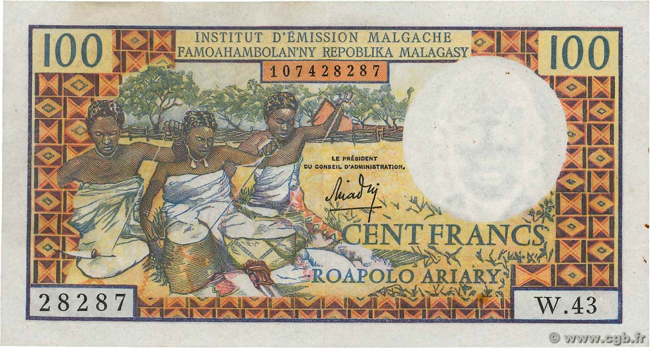 100 Francs - 20 Ariary MADAGASCAR  1966 P.057a EBC+