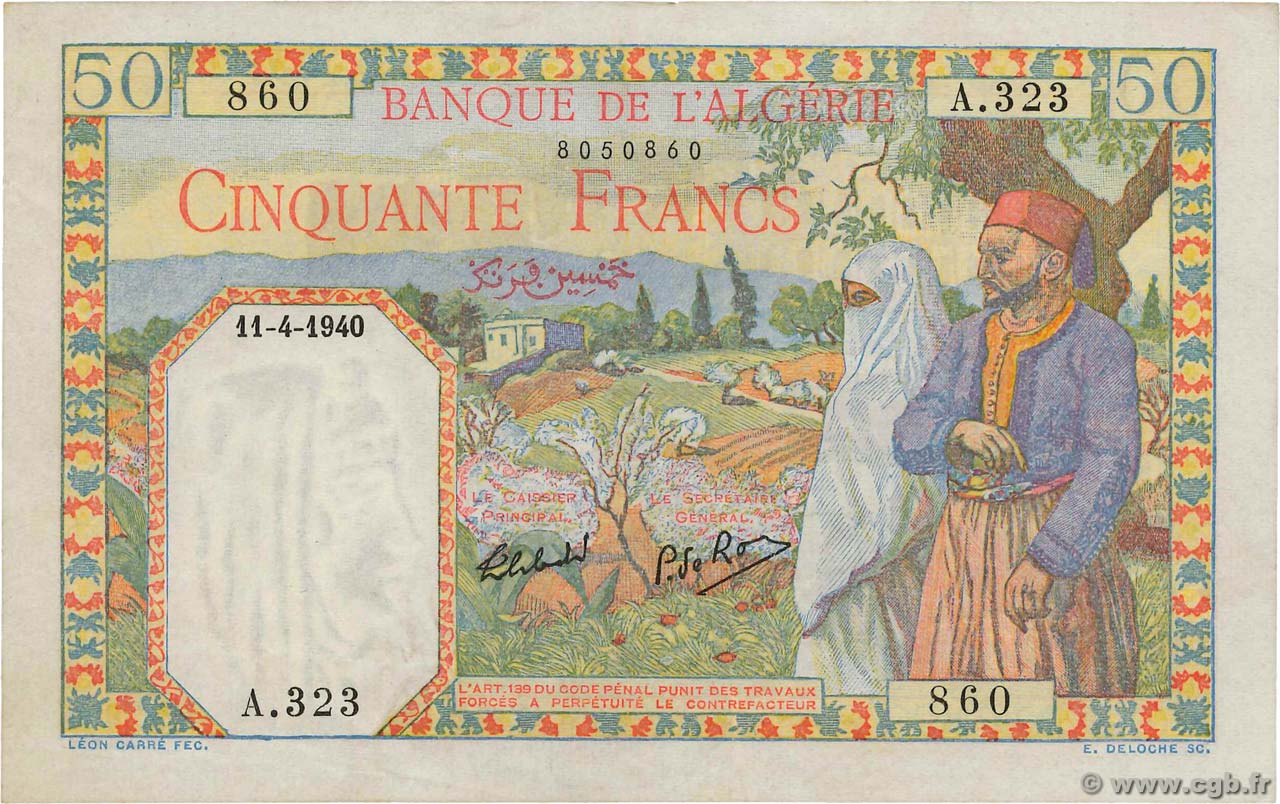 50 Francs ALGERIA  1940 P.084 VF