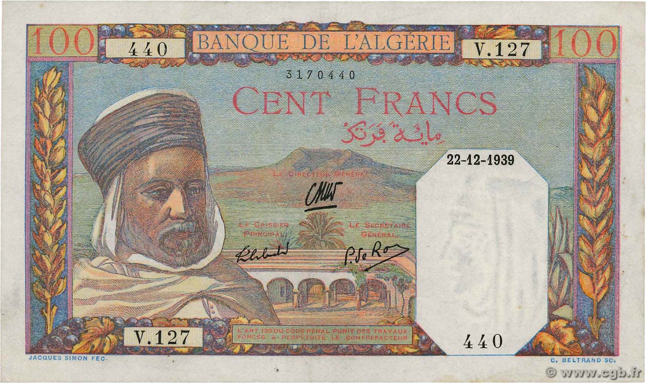 100 Francs ALGERIEN  1939 P.085 fVZ