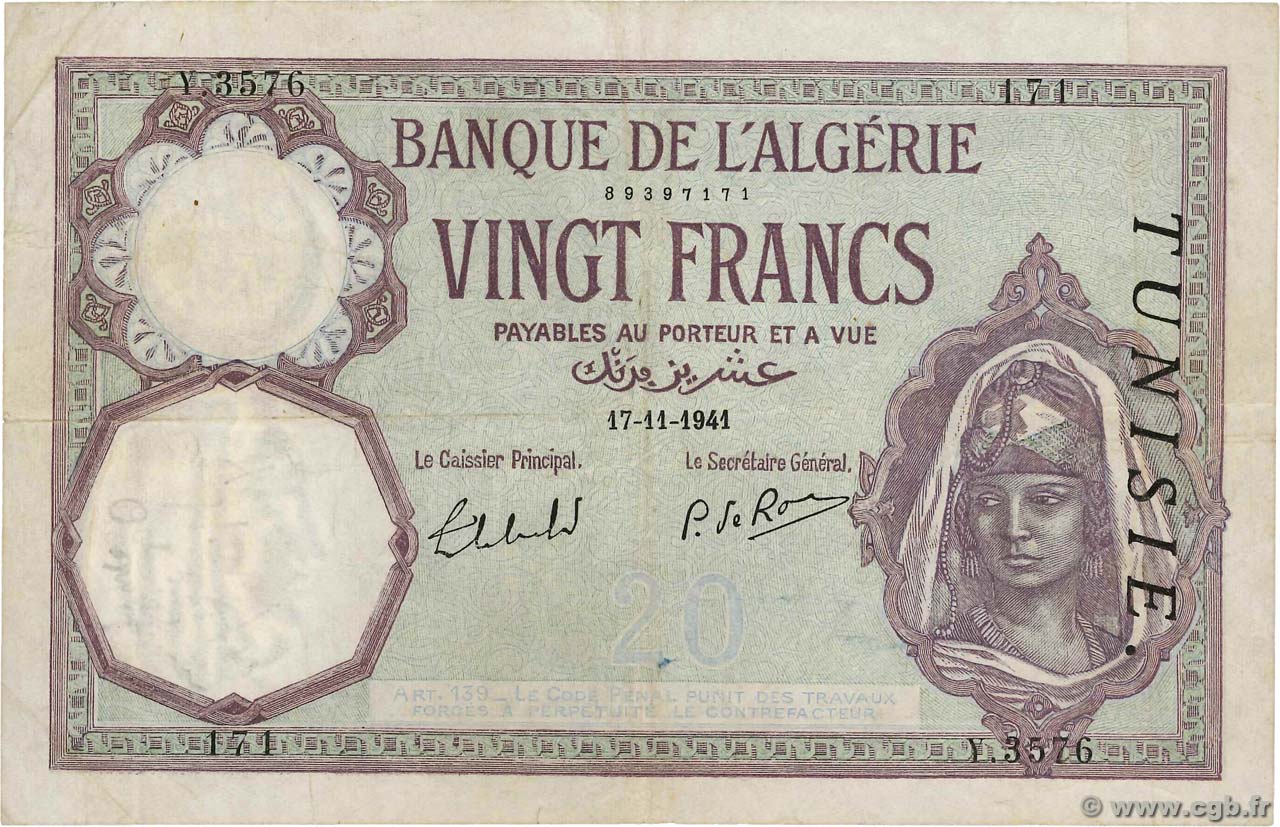 20 Francs TUNISIE  1941 P.06b TTB