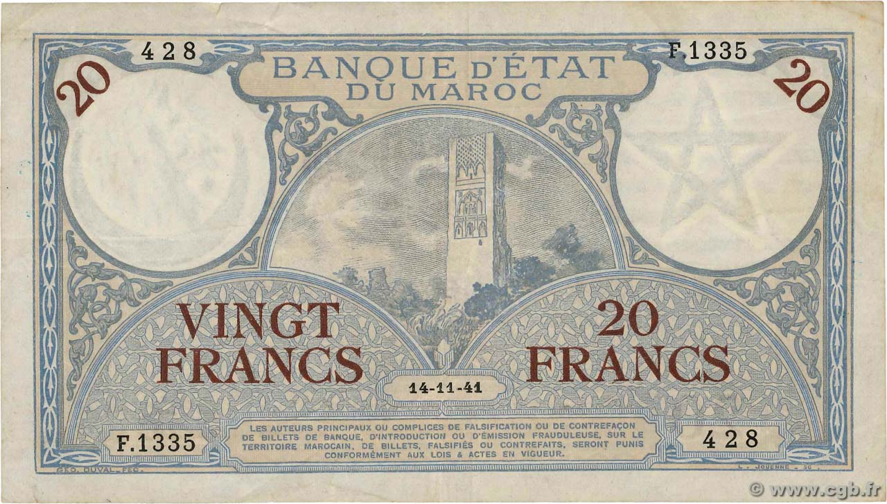 20 Francs MAROCCO  1941 P.18b q.SPL