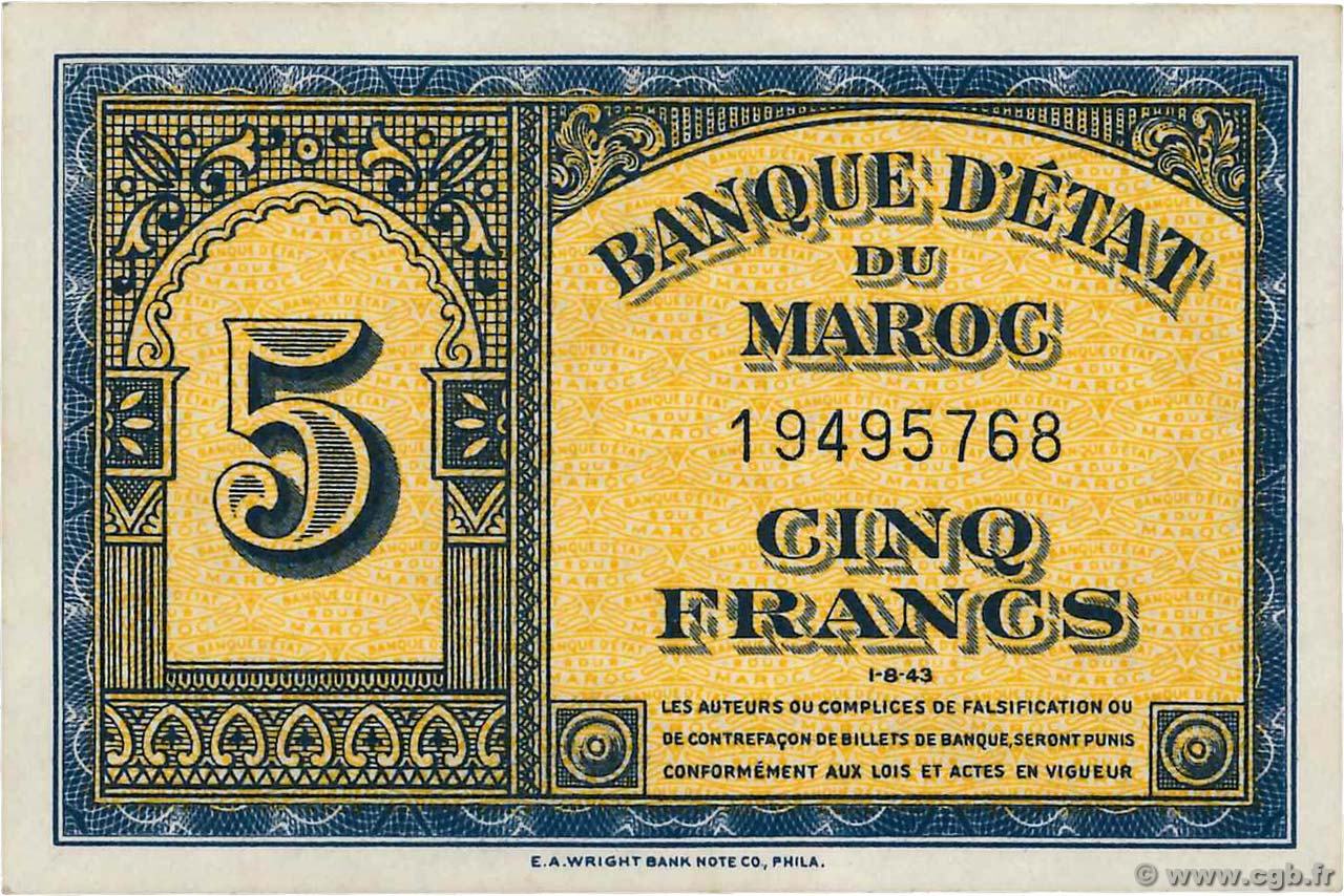 5 Francs MAROKKO  1943 P.24 VZ