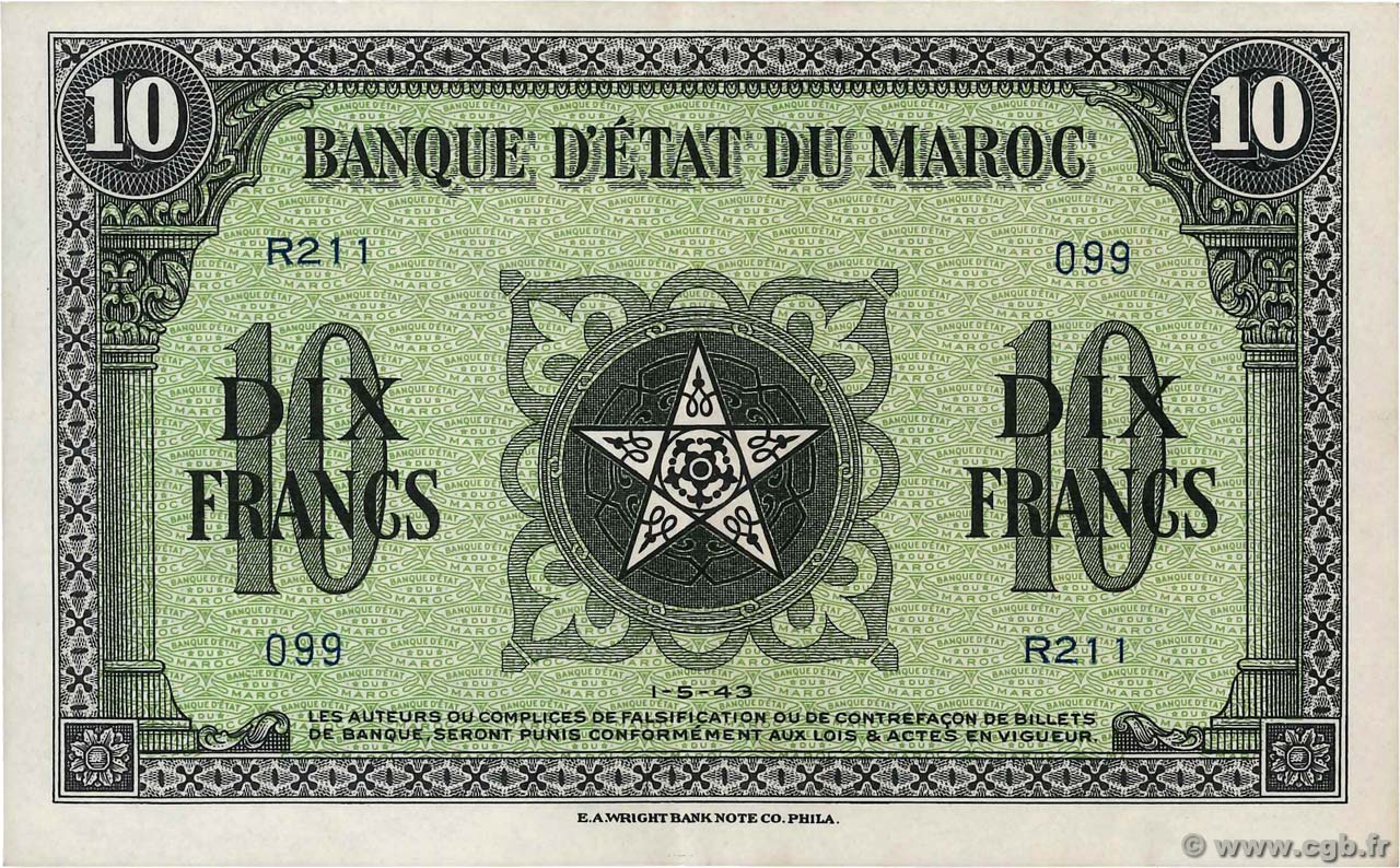 10 Francs MAROKKO  1943 P.25 VZ+
