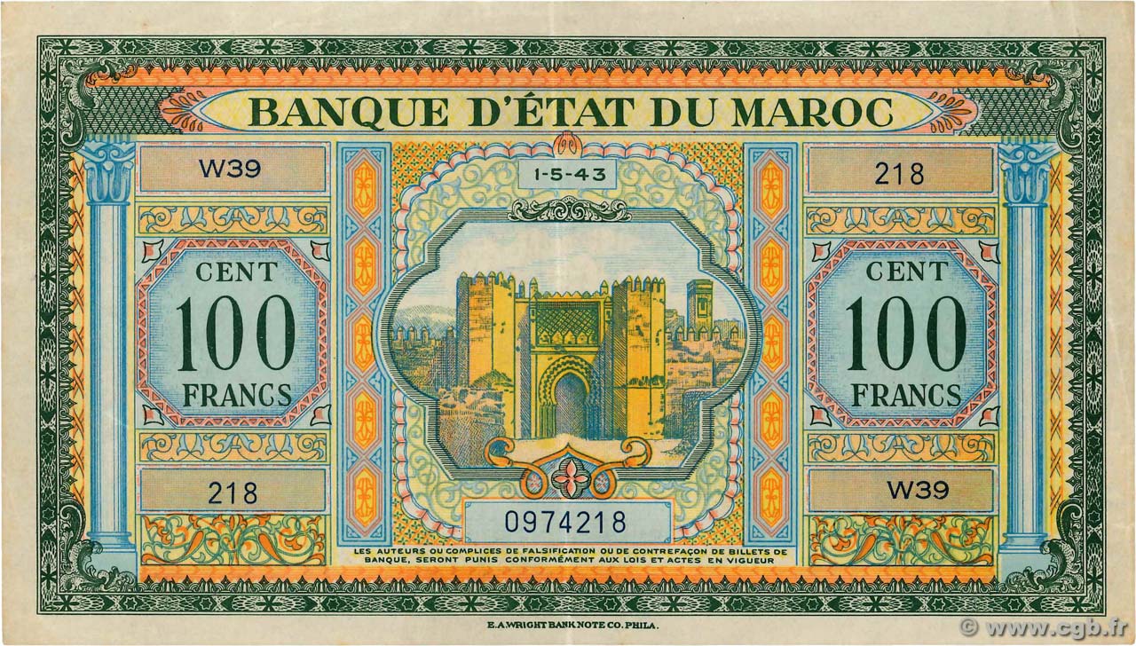 100 Francs MOROCCO  1943 P.27a VF+