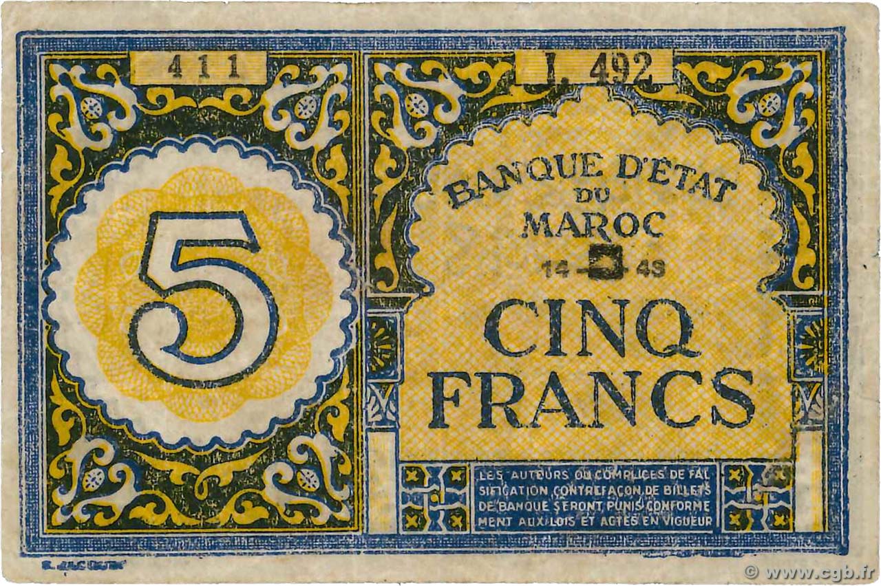 5 Francs MAROC  1943 P.33 TB